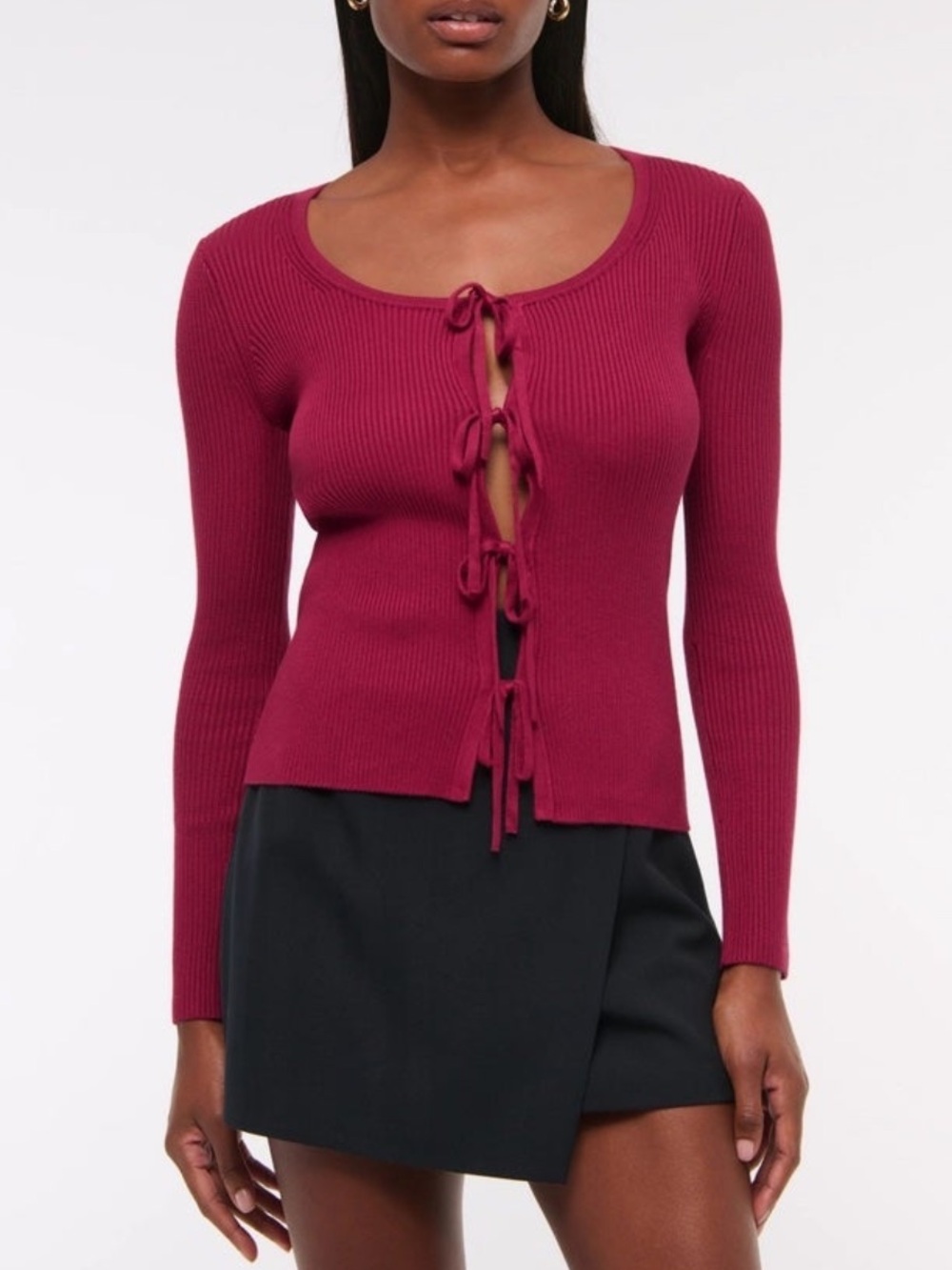 Abercrombie & Fitch Ribbed Long Sleeve Top Small Front Tie Cardigan Red Wine